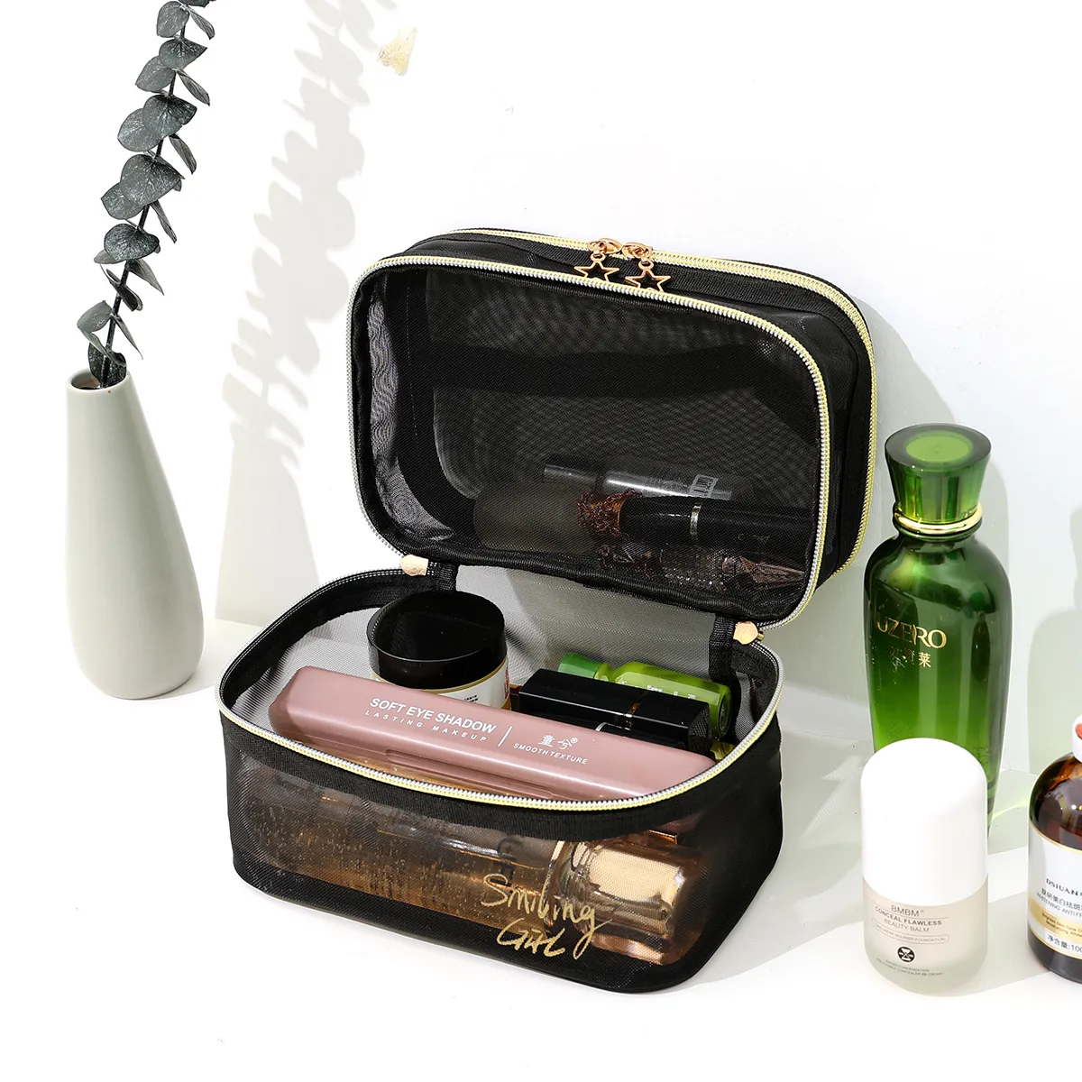Double Layer Travel Makeup Bag Letter Graphic Portable Large Capacity Mesh Cosmetic Bag  image 4