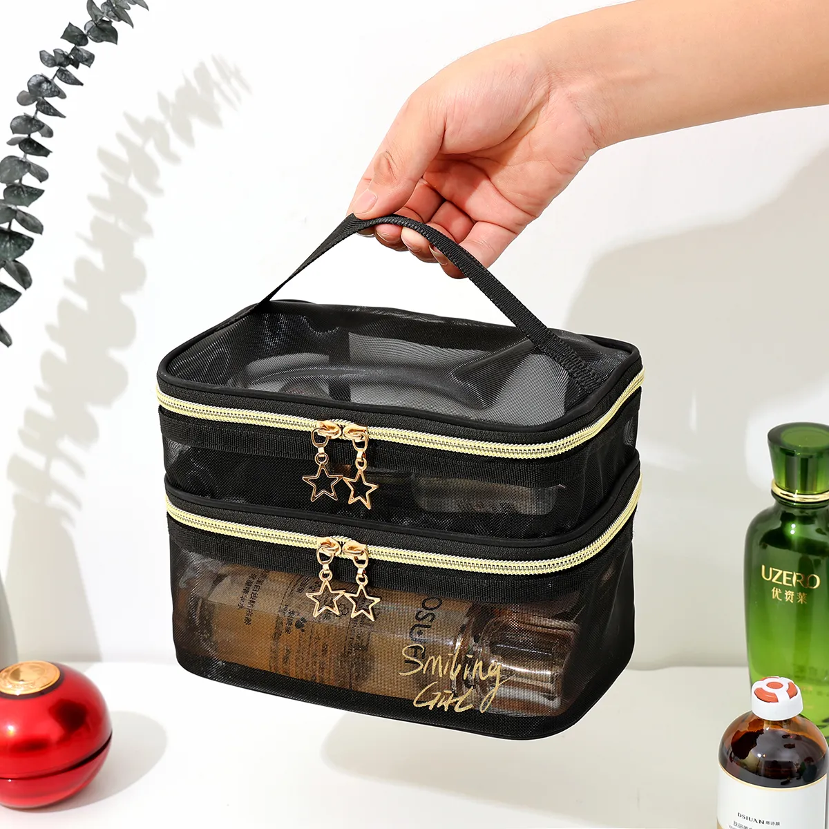 Double Layer Travel Makeup Bag Letter Graphic Portable Large Capacity Mesh Cosmetic Bag  image 5