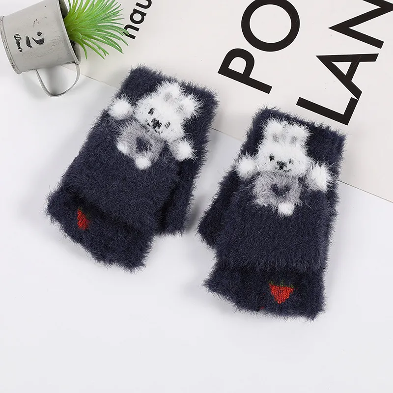 Luvas de lã de pelúcia gráficas para bebês/crianças luvas conversíveis flip luva sem dedos Azul Escuro