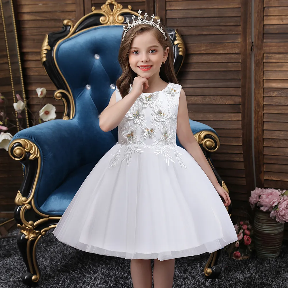 criança menina floral borboleta bordado sem mangas princesa vestido malha de festa Branco big image 1