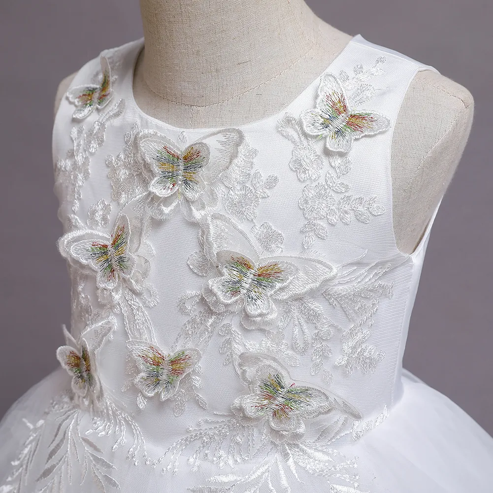 niño niña floral mariposa bordado sin mangas princesa fiesta vestido de malla Blanco big image 1