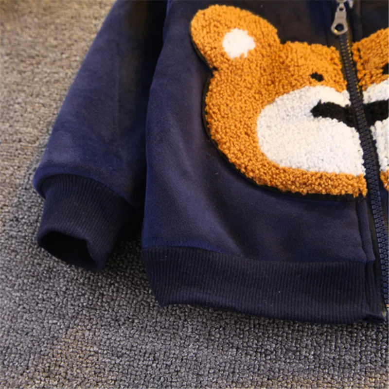 2-piece Toddler Boy Bear Embroidery Ear Decor Fluffy Jacket and Pants Casual Set Dark Blue big image 1
