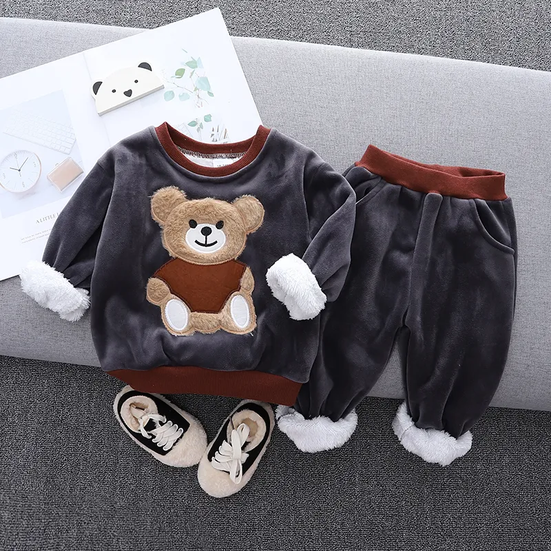 2-piece Toddler Boy Bear Embroidered Pullover and Elasticized Pants Set Dark Grey big image 1