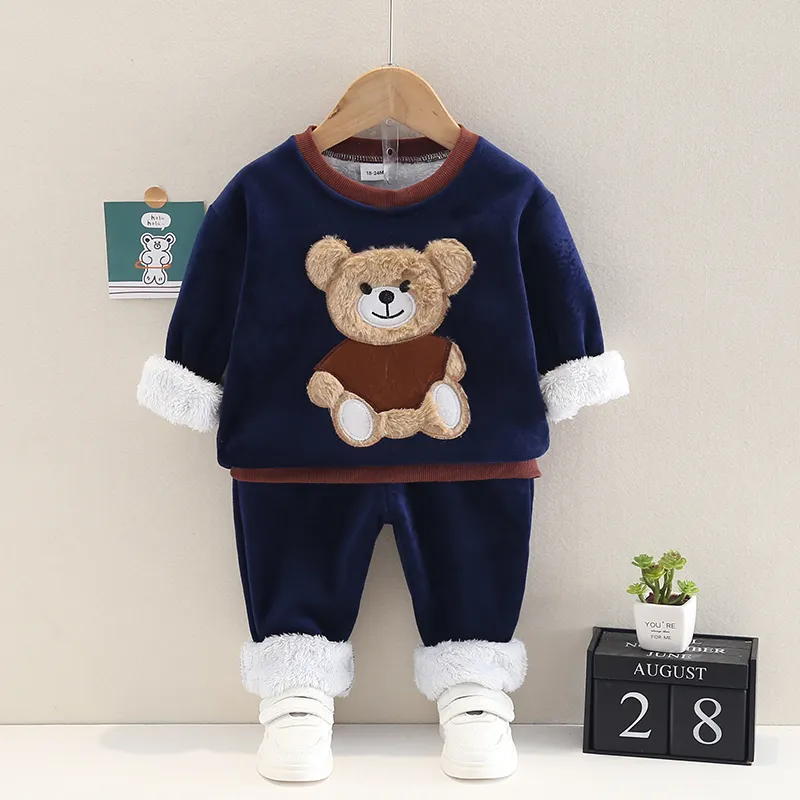 2-piece Toddler Boy Bear Embroidered Pullover and Elasticized Pants Set Dark Grey big image 1