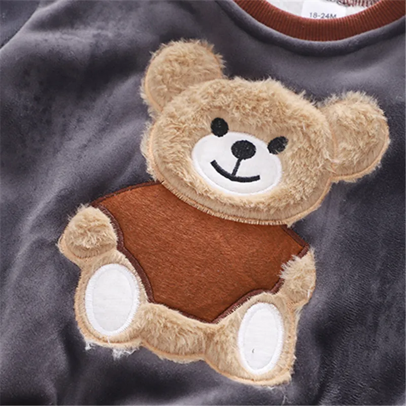 2pcs Baby Boy 95% Cotton Long-sleeve Cartoon Bear Pattern Thickened Fleece Lined Pullover and Trousers Set Grey big image 1