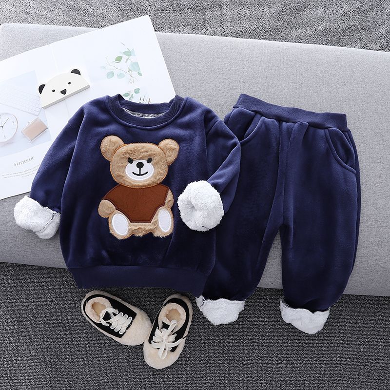 2pcs Baby Boy 95% Cotton Long-sleeve Cartoon Bear Pattern Thickened Fleece Lined Pullover And Trousers Set