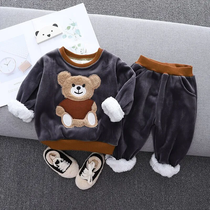 2pcs Baby Boy 95% Cotton Long-sleeve Cartoon Bear Pattern Thickened Fleece Lined Pullover and Trousers Set Grey big image 1
