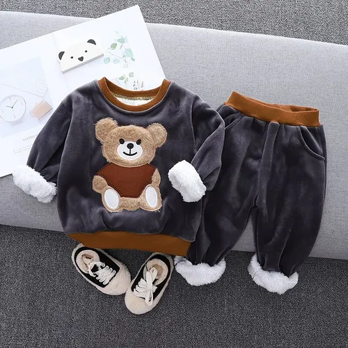 2 piezas bebé niño 95% algodón de manga larga patrón de oso de dibujos animados engrosado conjunto de pantalones y jersey con forro polar