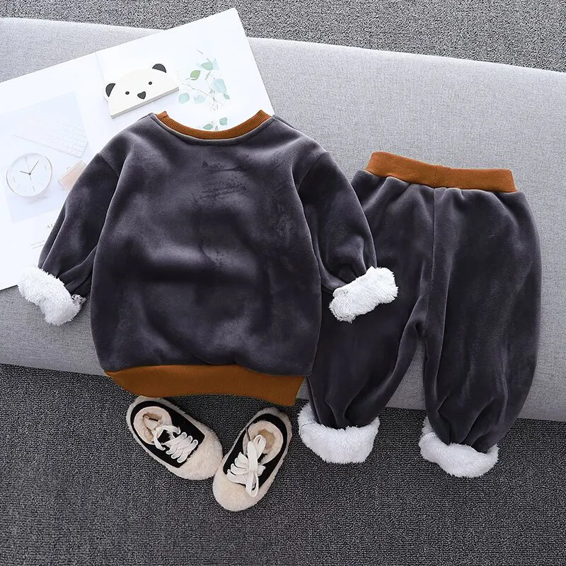 2pcs Baby Boy 95% Cotton Long-sleeve Cartoon Bear Pattern Thickened Fleece Lined Pullover and Trousers Set Grey image 4
