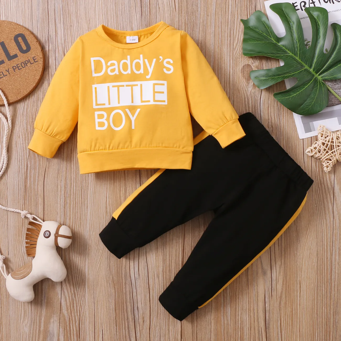 2pcs Baby Letter Print Long-sleeve Cotton Pullover and Pants Set Yellow big image 1