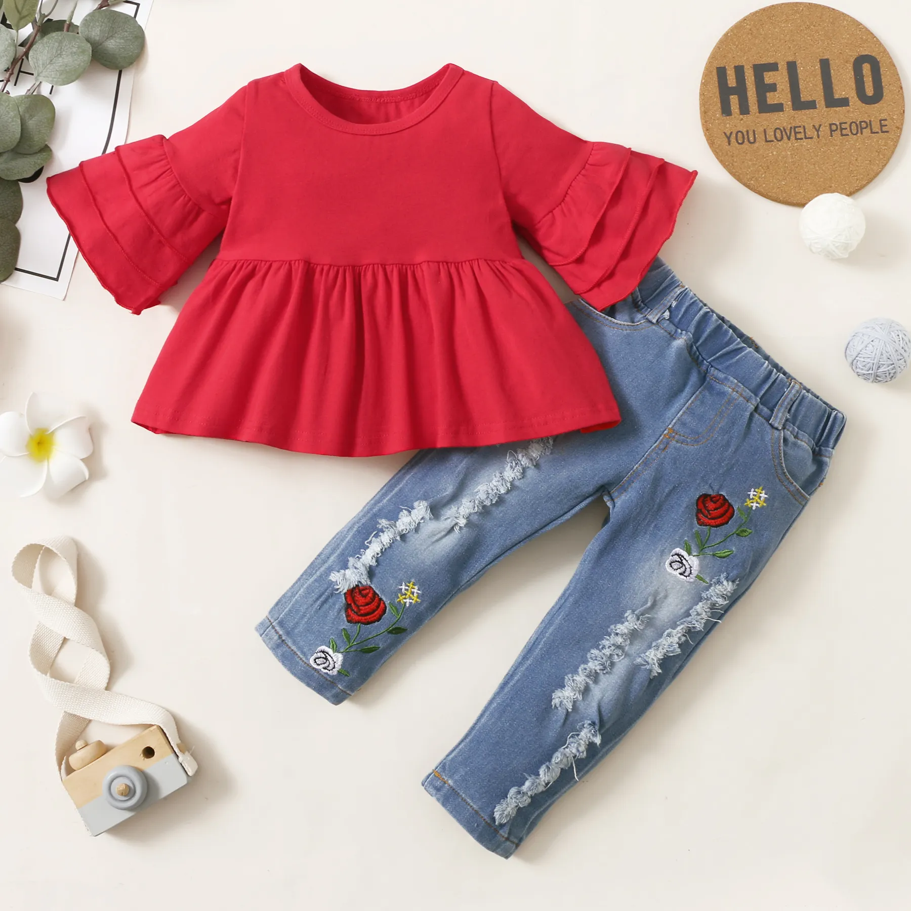 2pcs Baby Red Bell Sleeve Loose-fit Top and Floral Embroidered Ripped Denim Jeans Set  big image 1