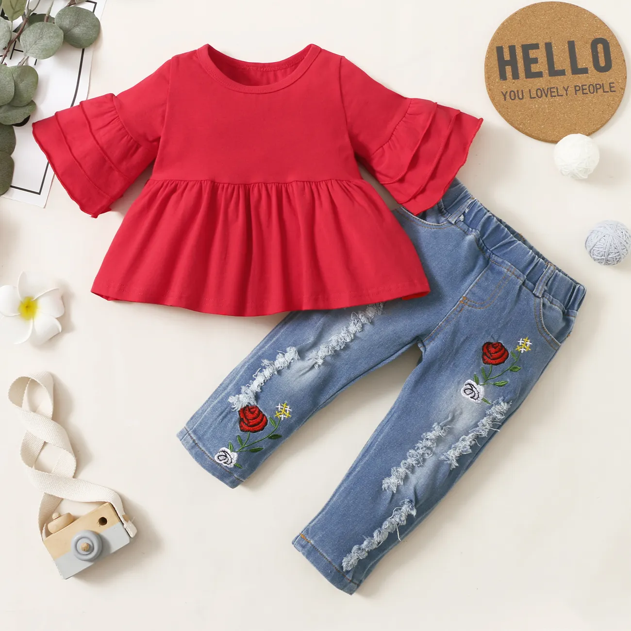 2pcs Baby Red Bell Sleeve Loose-fit Top and Floral Embroidered Ripped Denim Jeans Set Red big image 1