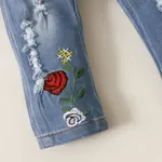 2pcs Baby Red Bell Sleeve Loose-fit Top and Floral Embroidered Ripped Denim Jeans Set  image 6