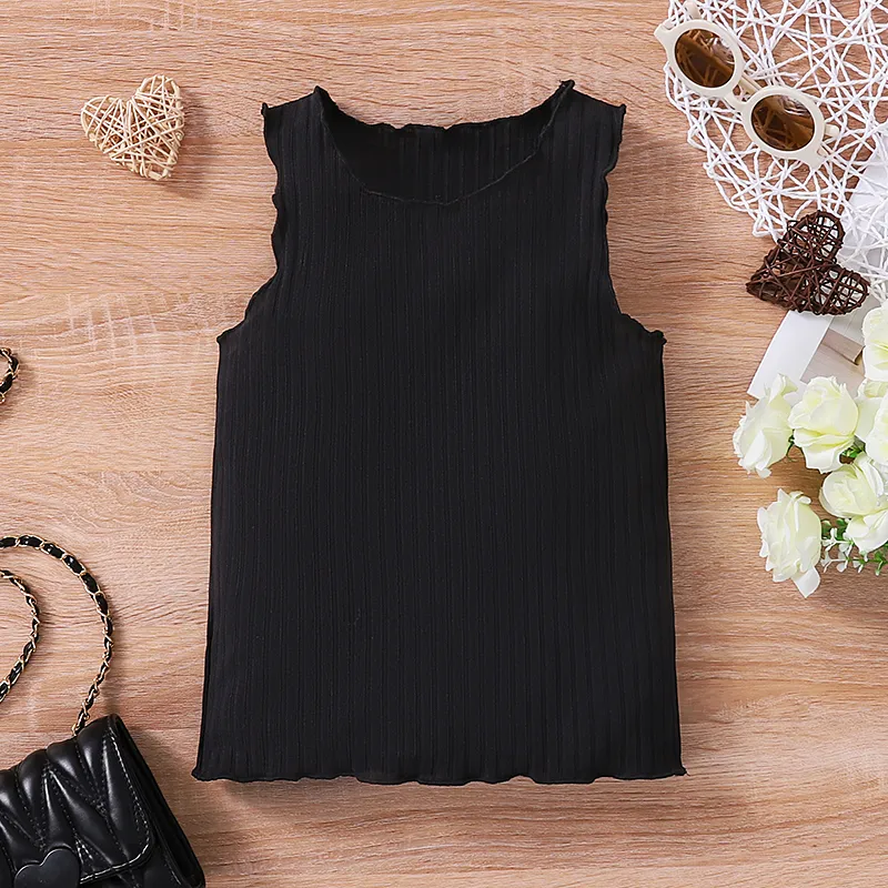 Toddler Girl Solid Color Lettuce Trim Tank Top Black