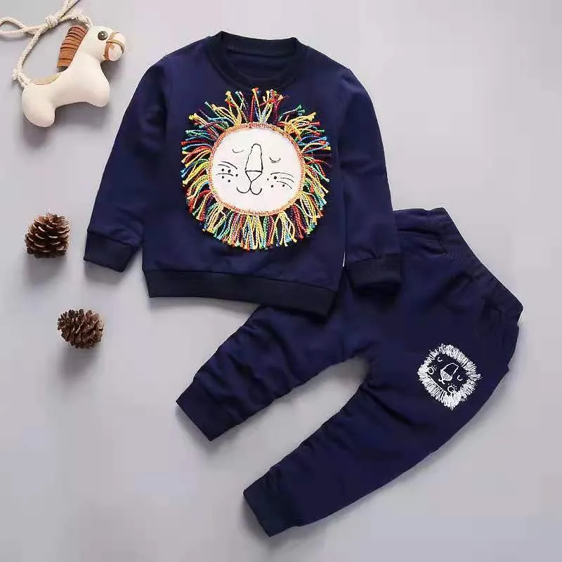 2-piece Toddler Boy Animal Lion Embroidered Pullover and Pants Set Royal Blue big image 1
