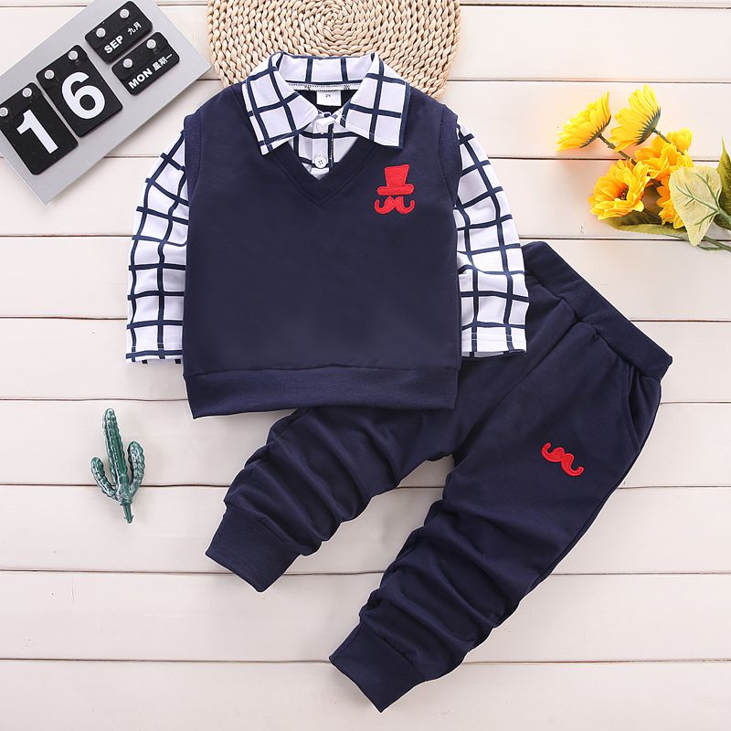 

2pcs Toddler Boy Preppy style Faux-two Lapel Collar Embroidered Shirt and Pants Set