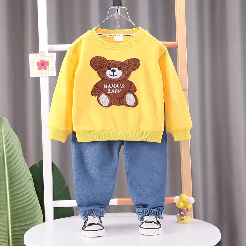 2pcs Toddler Boy Plauful Denim Jeans and Bear Embroidered Sweatshirt Set Yellow big image 1