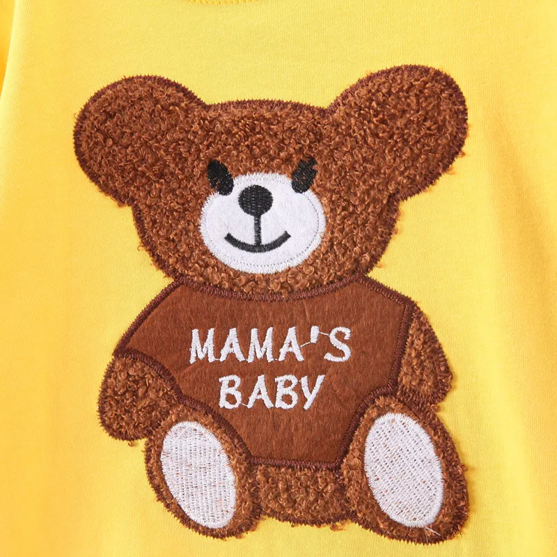2pcs Toddler Boy Plauful Denim Jeans and Bear Embroidered Sweatshirt Set Yellow image 4
