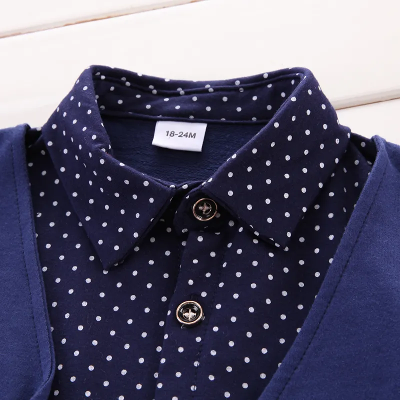 2pcs Toddler Boy Preppy style Faux-two Polka dots Long-sleeve Shirt and Pants Set Dark Blue big image 1