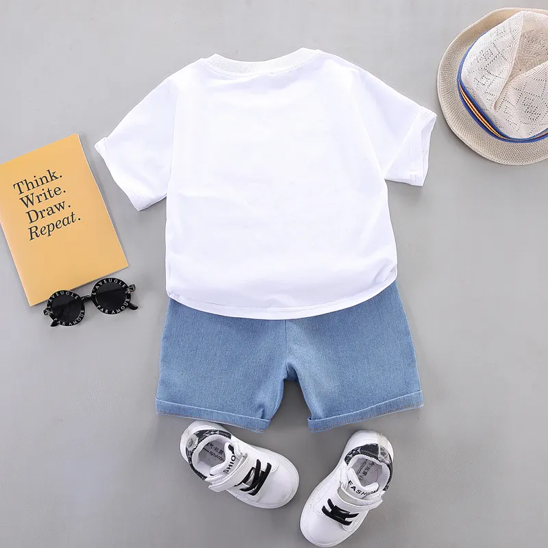 2pcs Toddler Boy Playful Denim Pocket Design Shorts and Vehicle Print Tee set White big image 1