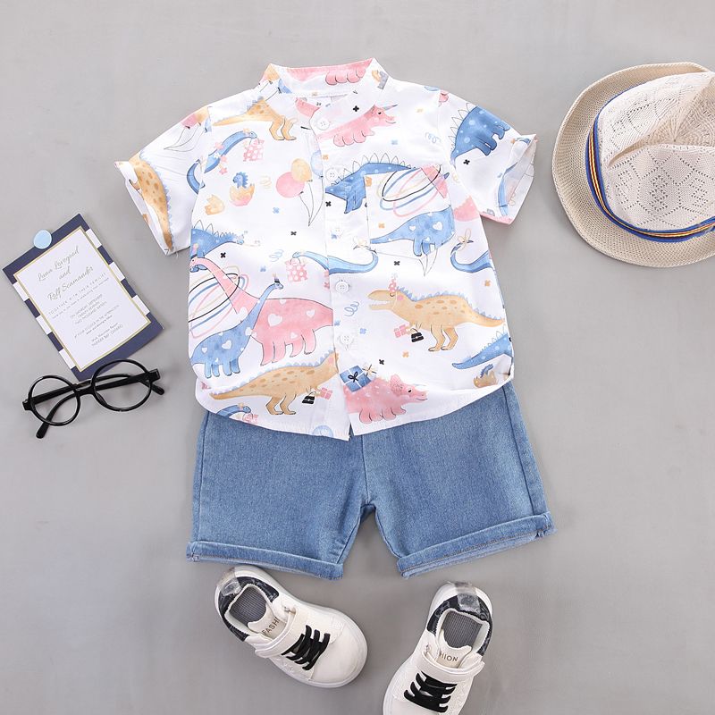 2pcs Toddler Boy Allover Dinosaur Print Short-sleeve Cotton Shirt and Denim Shorts Set