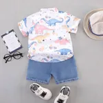 2pcs Toddler Boy Allover Dinosaur Print Short-sleeve Cotton Shirt and Denim Shorts Set  image 2