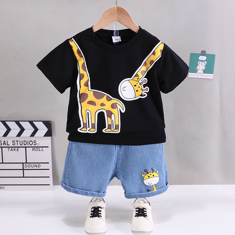 2pcs Toddler Boy Giraffe Graphic Short-sleeve Cotton Tee And Denim Shorts Set