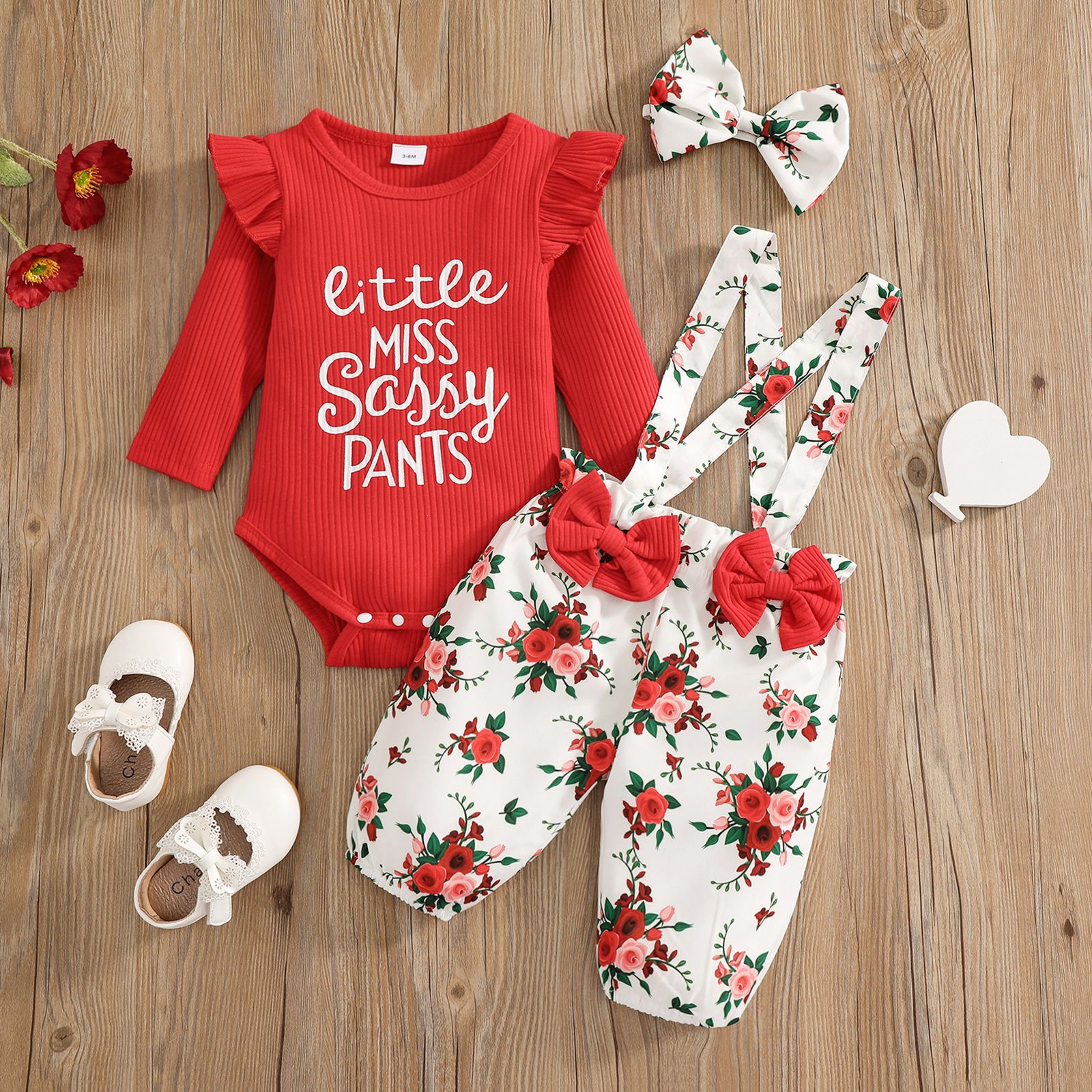 

100% Cotton 3pcs Baby Letter Print Ruffle Long-sleeve Ribbed Romper and Floral Print Suspender Overalls Set