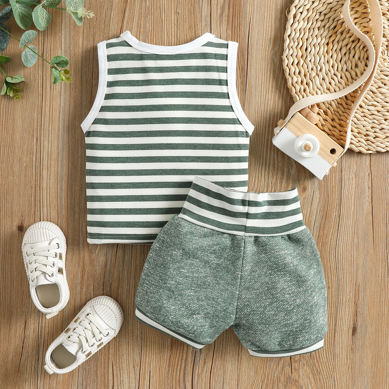 100% Cotton 2pcs Baby Boy/Girl Striped Sleeveless Tank Top and Shorts Set Dark Green big image 1