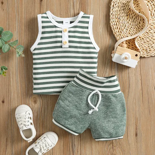 100% algodón, 2 piezas, camiseta sin mangas y pantalones cortos a rayas para bebé niño/niña
