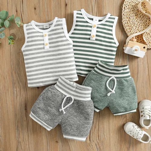 100% algodón, 2 piezas, camiseta sin mangas y pantalones cortos a rayas para bebé niño/niña