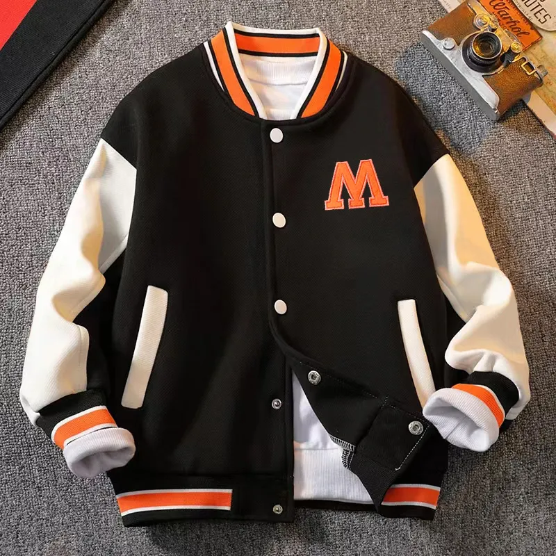 Toddler Boy Letter Embroidered Striped Button Design Bomber Jacket Black image 6