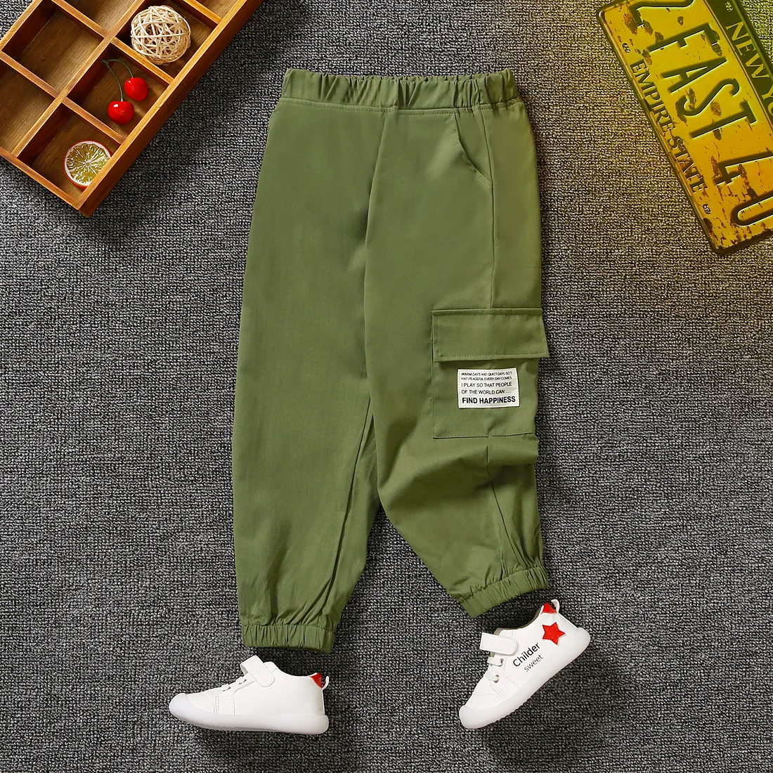 pantalones elásticos con diseño de bolsillo informal para niño pequeño Ejercito verde big image 1