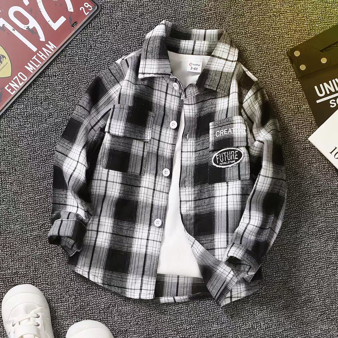 

Toddler Boy Trendy Letter Print Plaid Lapel Collar Shirt Jacket