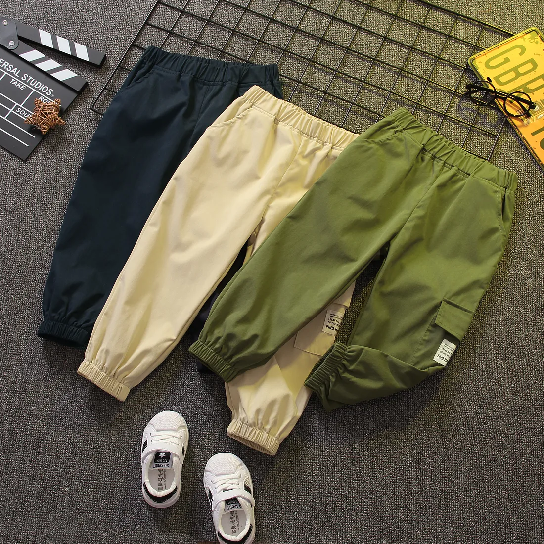 Calças elásticas com design de bolso casual para menino infantil Exército Verde big image 1