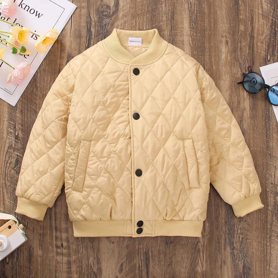 Toddler Boy Textured Button Design Khaki Padded Coat Khaki big image 1