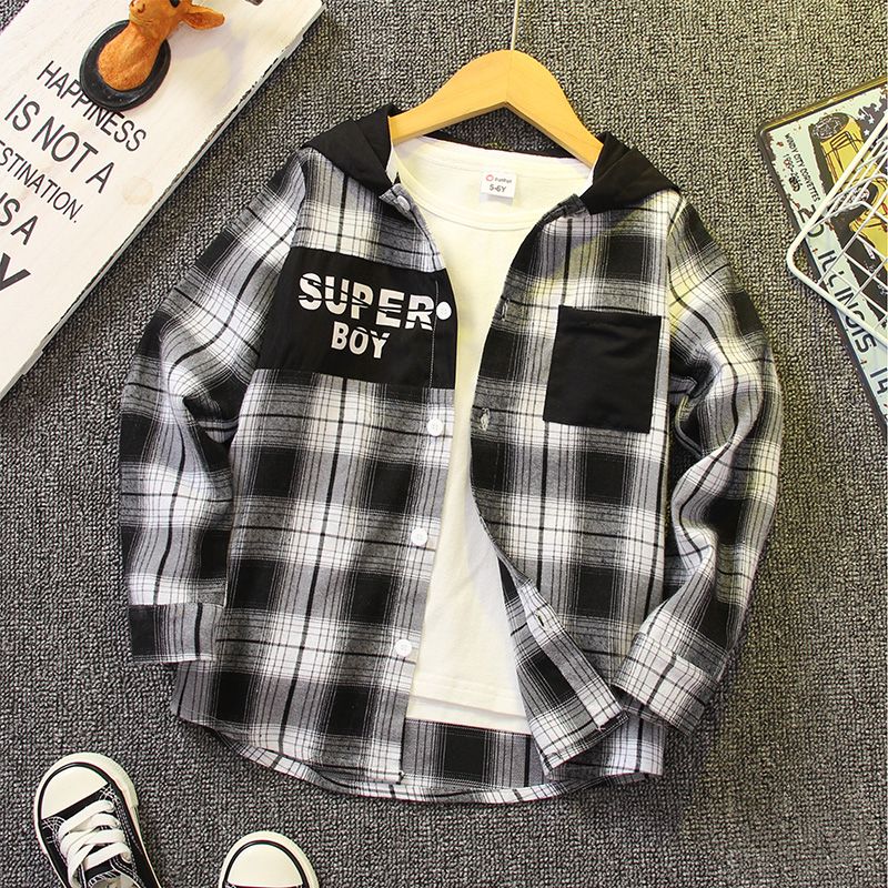 

Kid Boy Letter Print Plaid Lapel Collar Long-sleeve Hooded Shirt Jacket