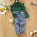 2pcs Toddler Girl Sweet Denim Jeans and Turtleneck Ruffled Bell sleeves Tee set Green