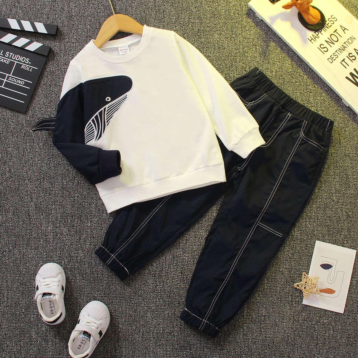 

2pcs Toddler Boy 3D Shark Design Sweatshirt and Black Pants Set