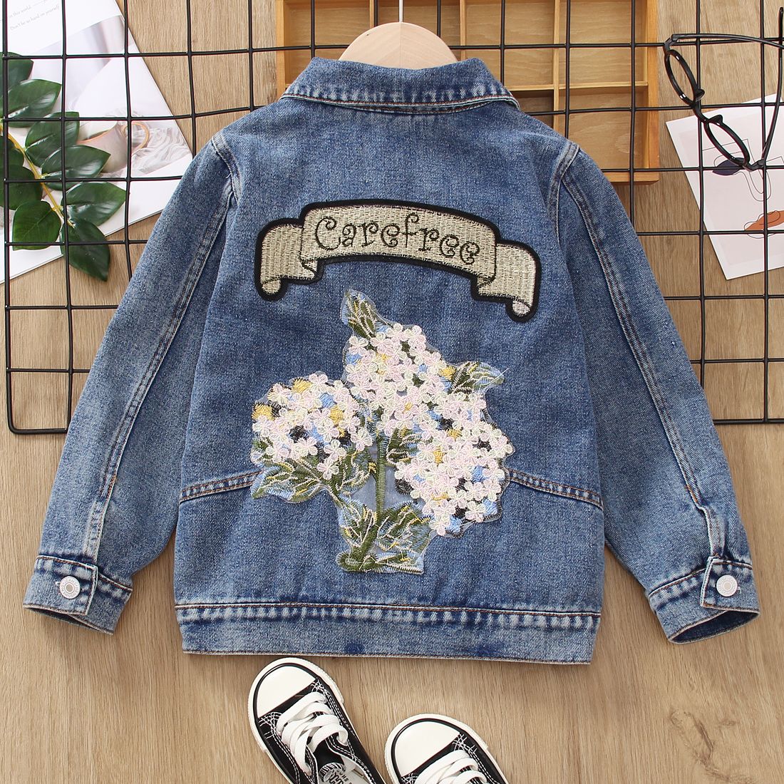 Toddler Girl Sweet Floral Embroidered Lapel Collar Denim Jacket Only