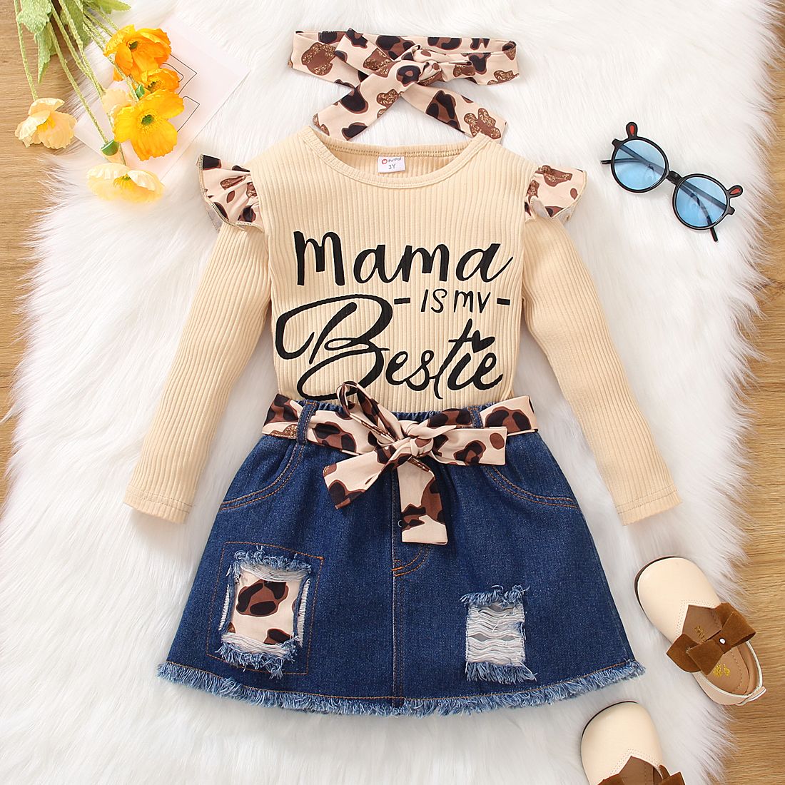 

3pcs Toddler Girl Sweet Ripped Denim Skirt & Letter Print Tee & Headband Set