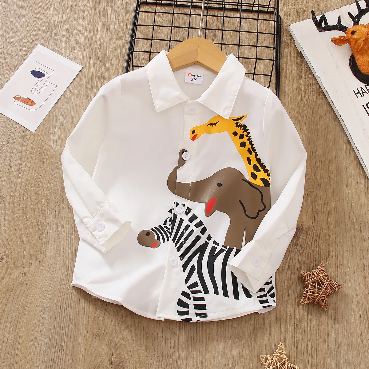 

Toddler Boy Playful Animal Print Lapel Collar White Shirt
