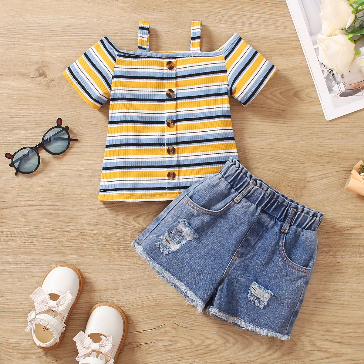 2pcs Toddler Girl Colorful Stripe Ribbed Camisole And Ripped Denim Shorts Set