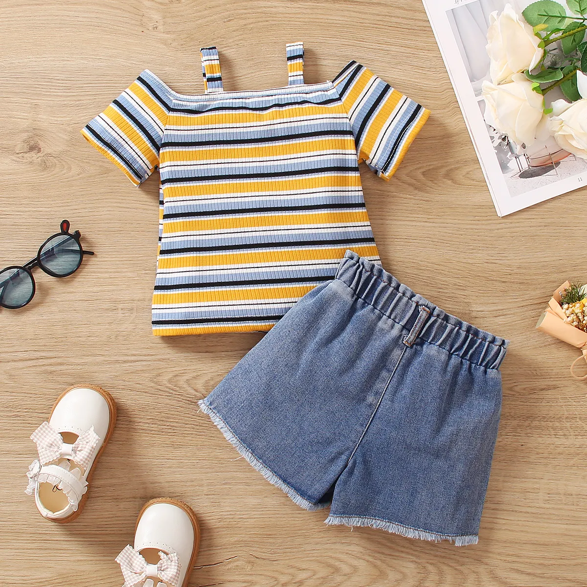2pcs Toddler Girl Colorful Stripe Ribbed Camisole and Ripped Denim Shorts Set  image 2