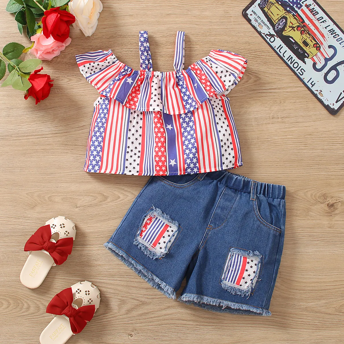 Independence Day 2pcs Toddler Girl Stripe Ruffled Cami Top and Ripped Denim Shorts Set Multi-color big image 1