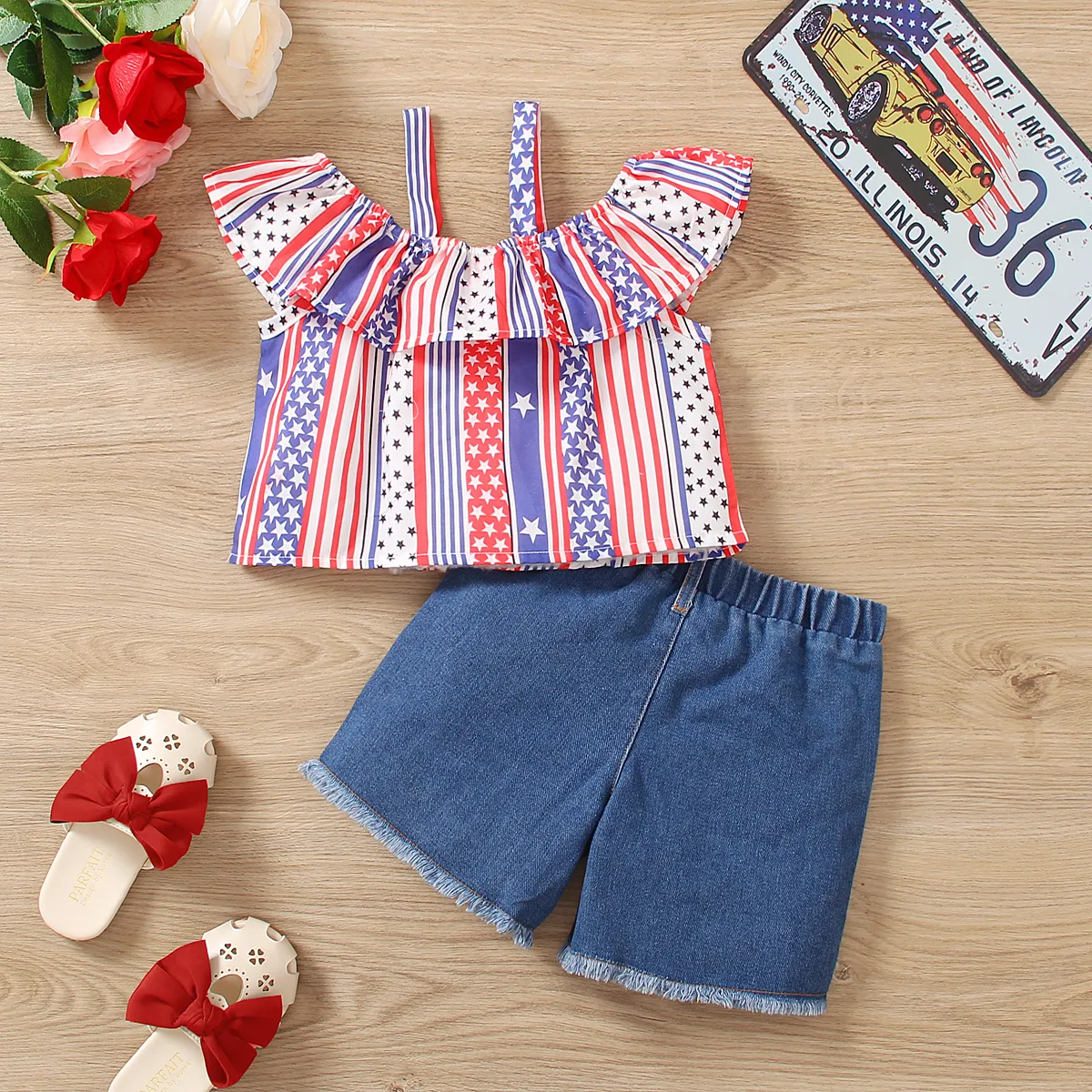 Independence Day 2pcs Toddler Girl Stripe Ruffled Cami Top and Ripped Denim Shorts Set Multi-color image 2