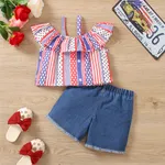 Independence Day 2pcs Toddler Girl Stripe Ruffled Cami Top and Ripped Denim Shorts Set  image 2