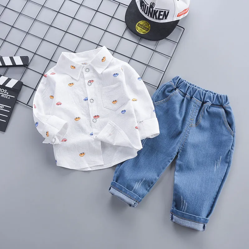 2-piece Toddler Boy Car Print Lapel Collar Button Down Long-sleeve Shirt and Jeans Denim Pants Set White big image 1