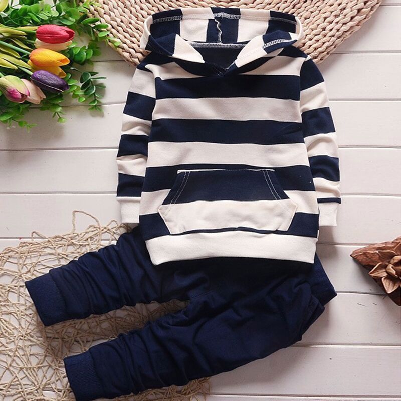 

2-piece Toddler Boy Stripe Pocket Design Hoodie and Dark Blue Pants Set