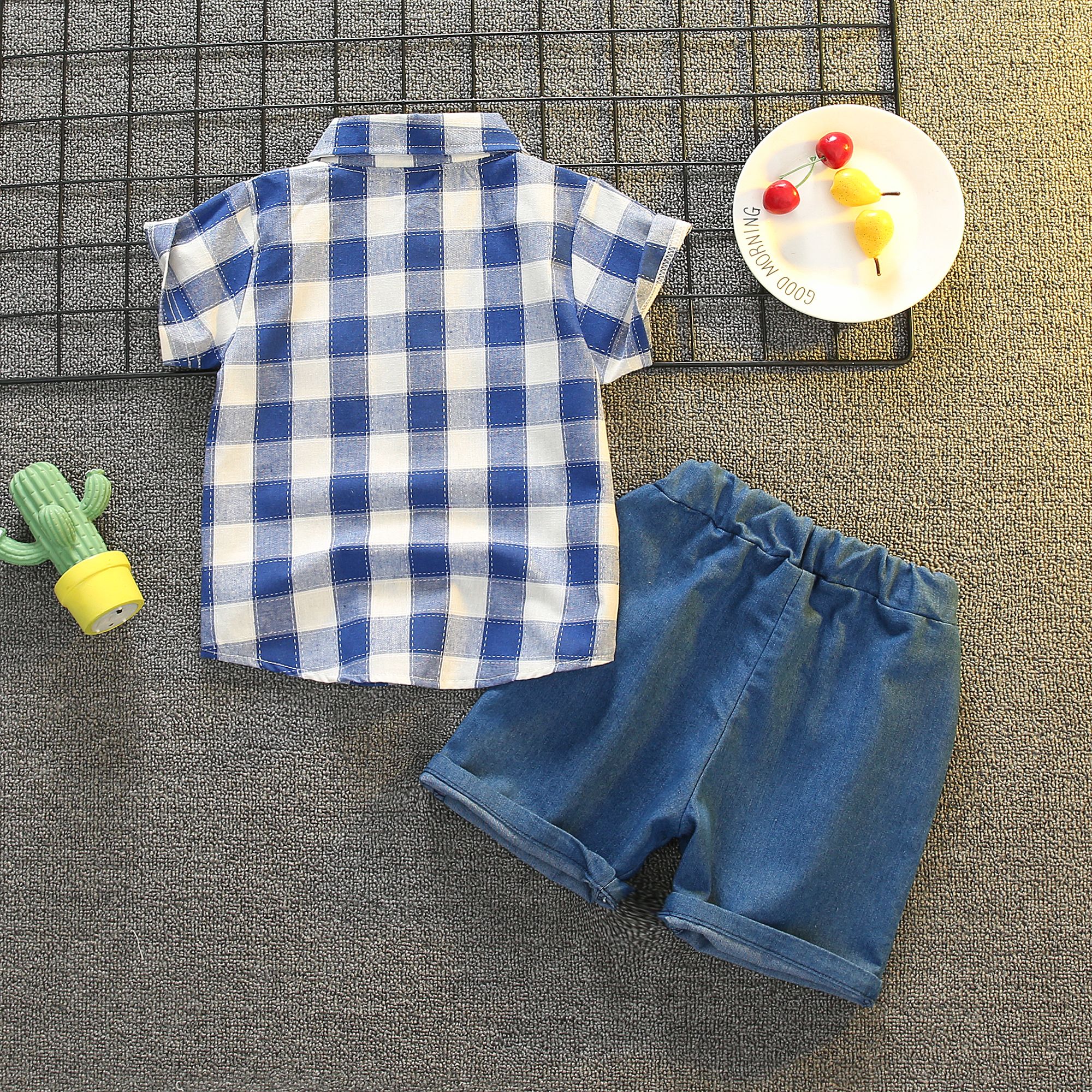 

2-piece Toddler Boy Plaid Short-sleeve Short and Denim Shorts Set